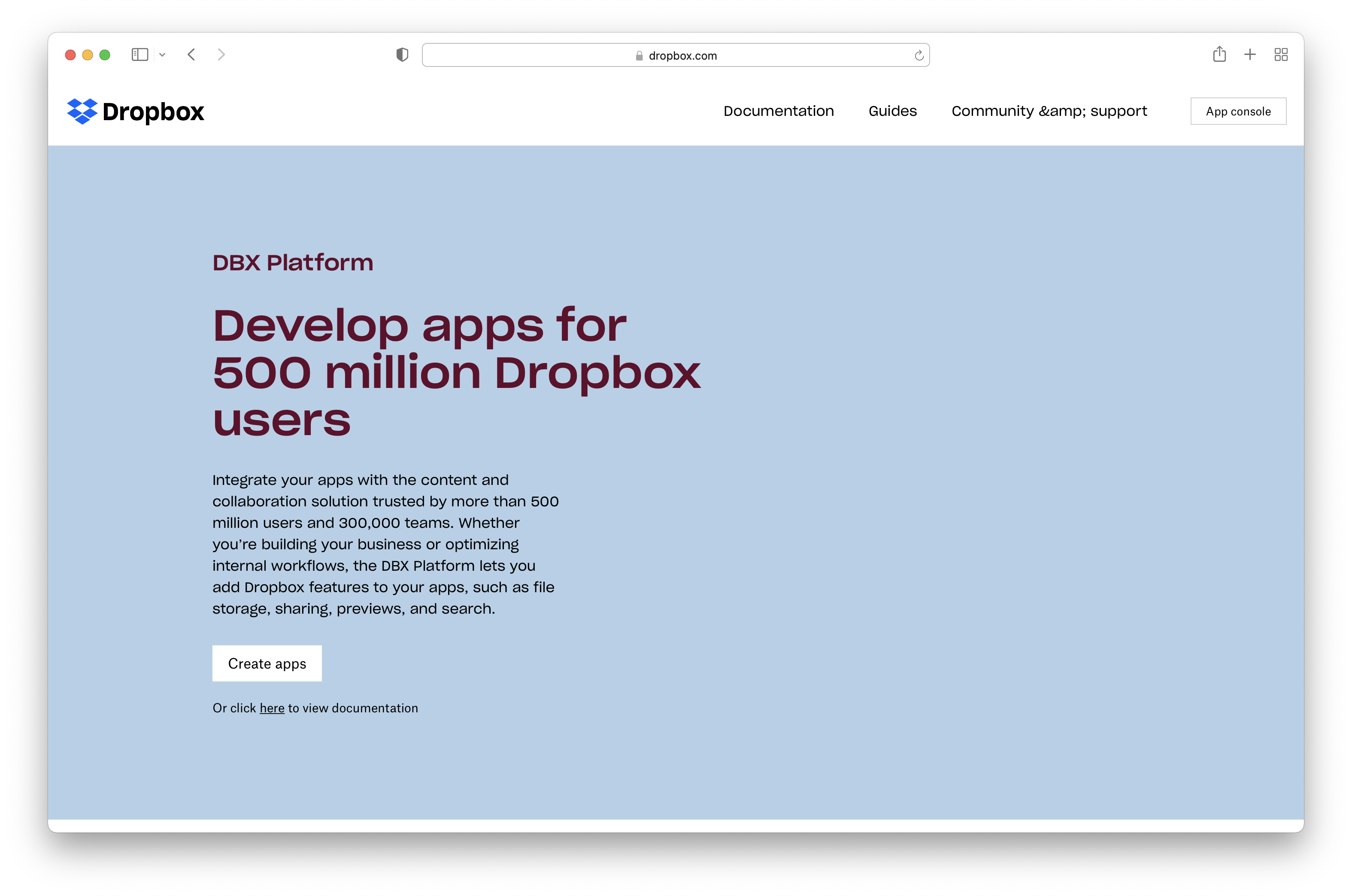Screenshot showing the Dropbox developers home screen