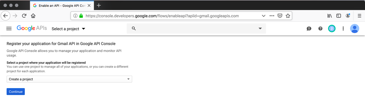 Screenshot showing Register your application step in Google API Console