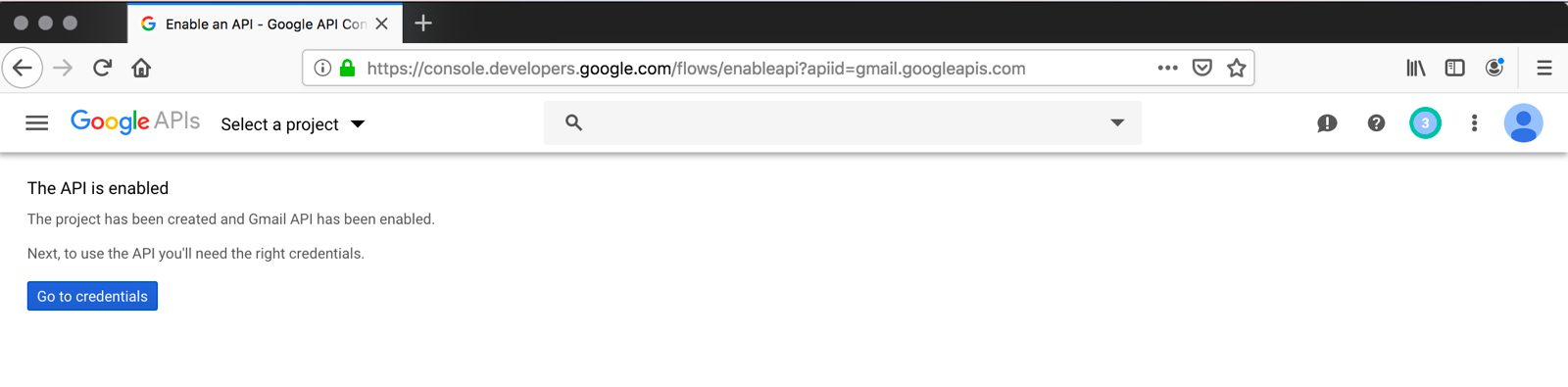 Screenshot showing The API is enabled step in Google API Console