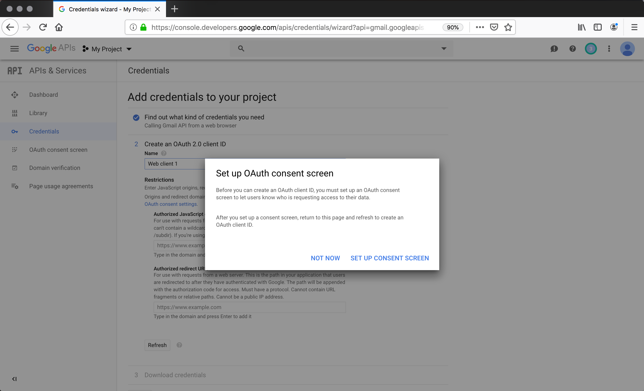 Screenshot showing Credentials step in Google API Console