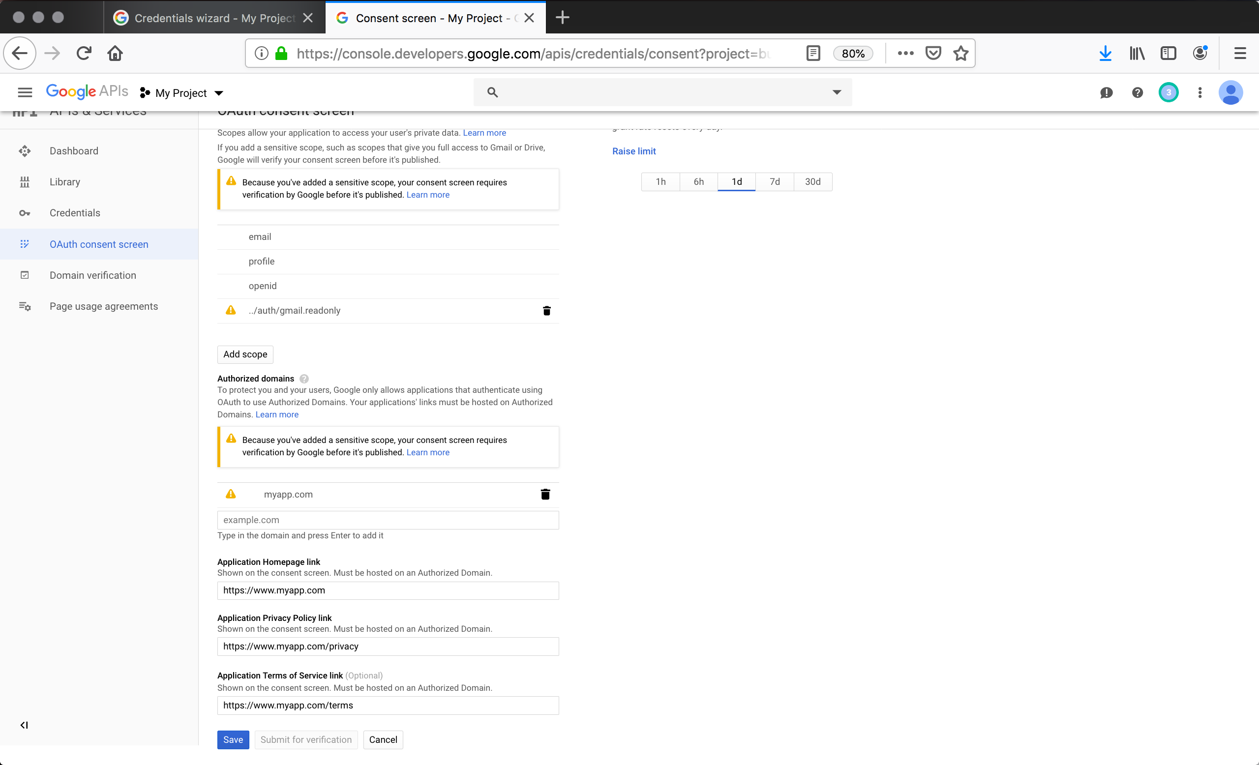 Screenshot showing domain configuration fot the consent screen