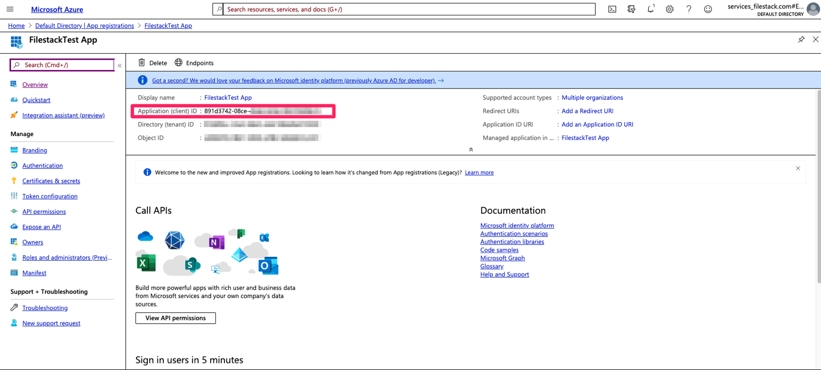 Screenshot showing how where to find application client ID
